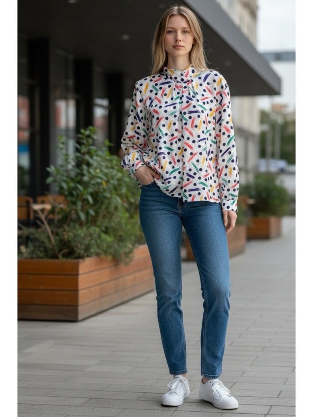 Yves St Clair 80’s Blouse 1980’s Abstract Bold Multi-Color Dots Polyester Sz 16W